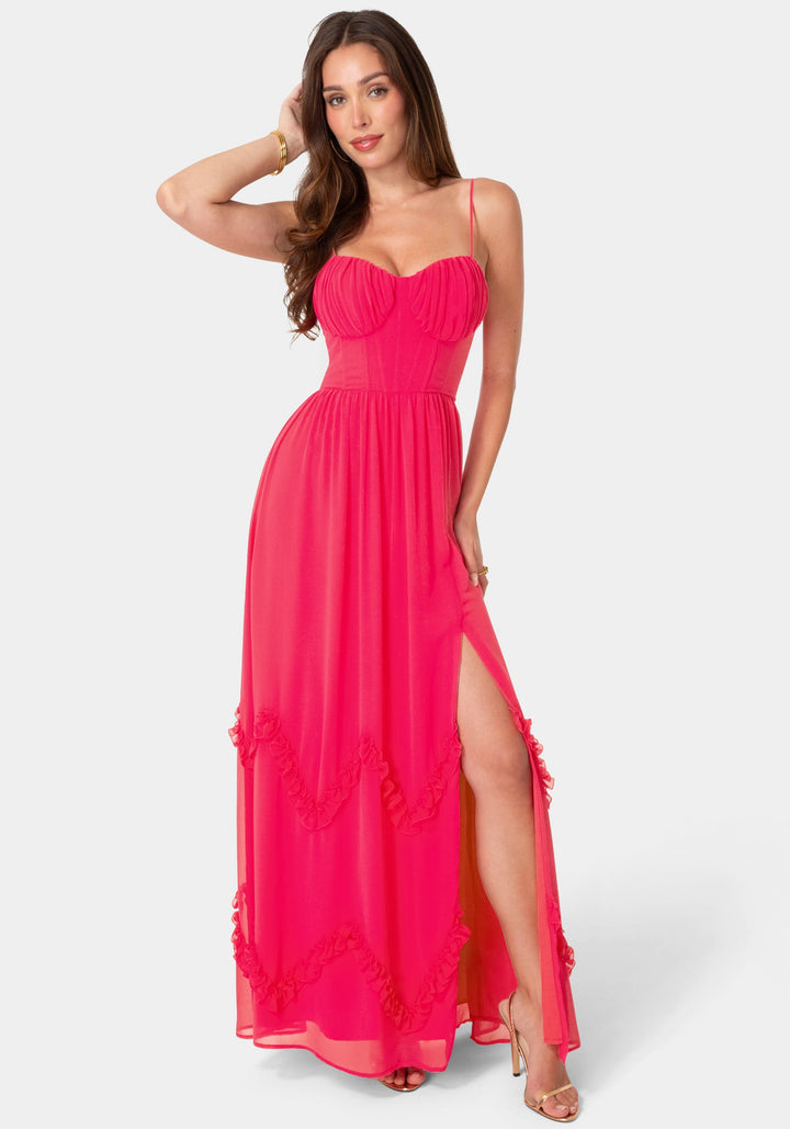 Front View-Soft Ruffle Corset Maxi Dress-Fuchsia