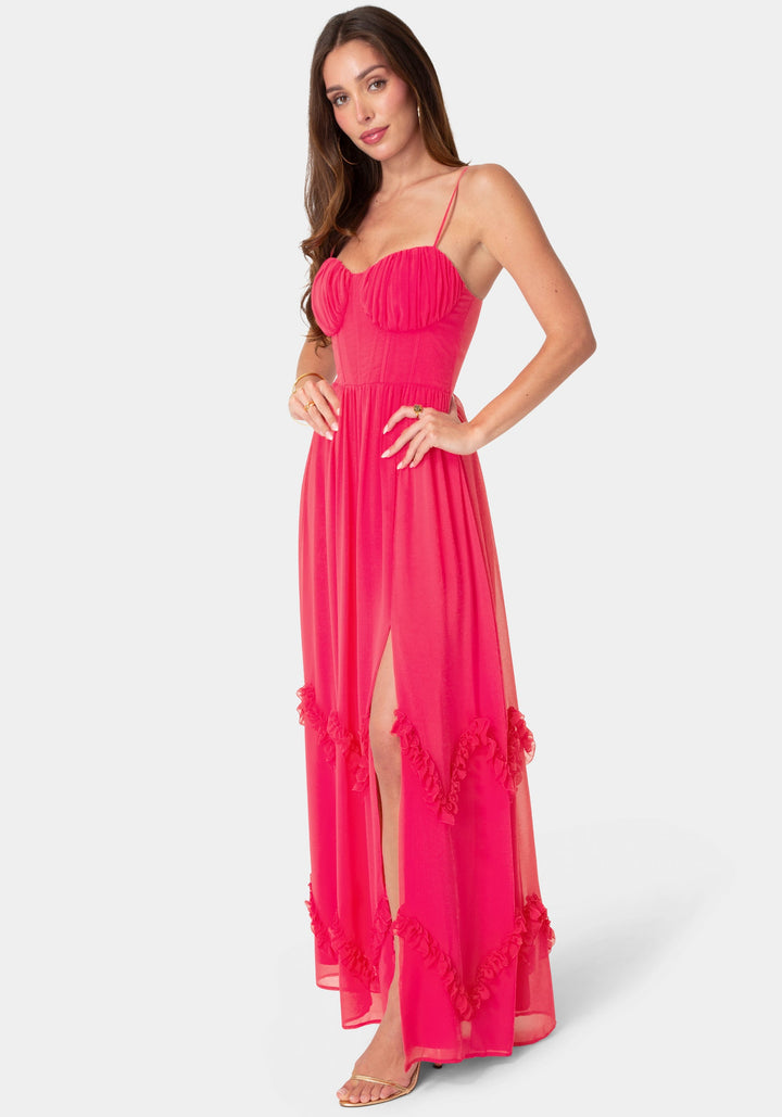 Side View-Soft Ruffle Corset Maxi Dress-Fuchsia