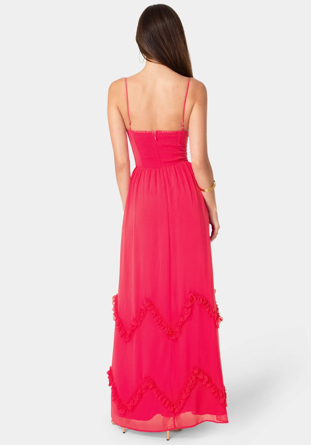 Back View-Soft Ruffle Corset Maxi Dress-Fuchsia