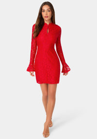 Front View-LACE KEYHOLE NECK SLIM DRESS-Red