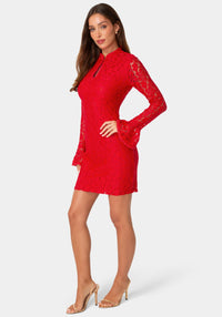 Side View-LACE KEYHOLE NECK SLIM DRESS-Red