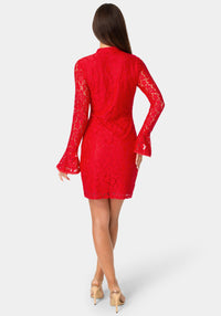 Back View-LACE KEYHOLE NECK SLIM DRESS-Red