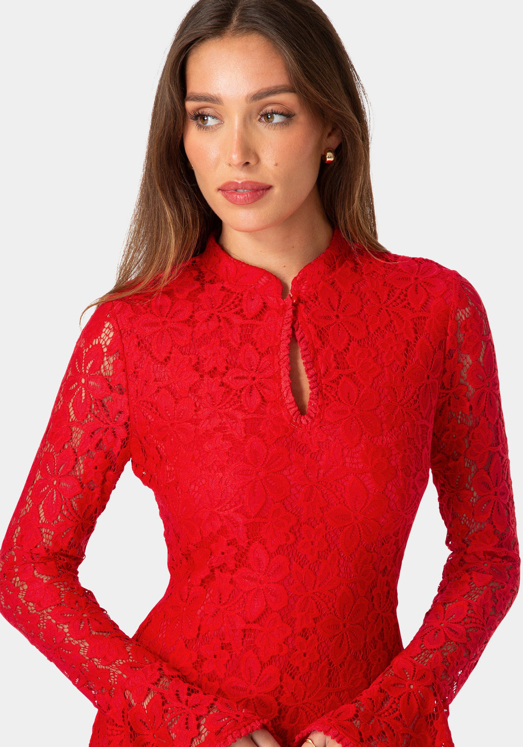 Other View-LACE KEYHOLE NECK SLIM DRESS-Red