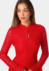 Other View-LACE KEYHOLE NECK SLIM DRESS-Red