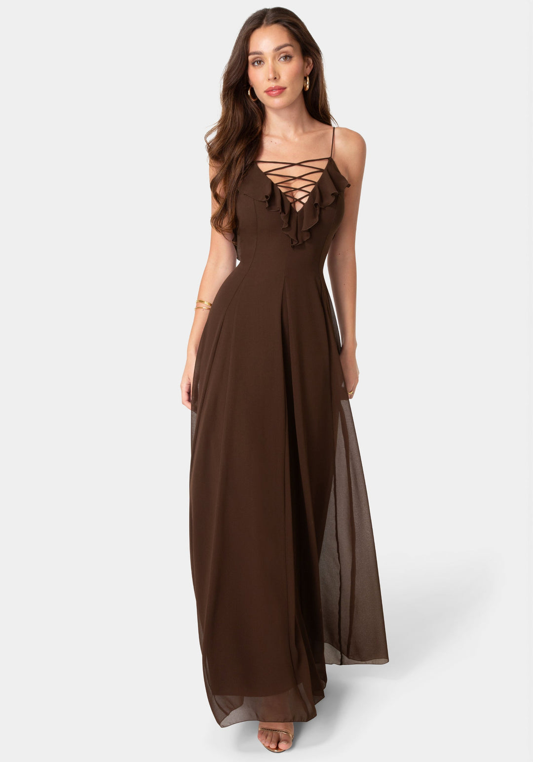 Front View-Lace Up Ruffle Chiffon Maxi Dress-Chocolate