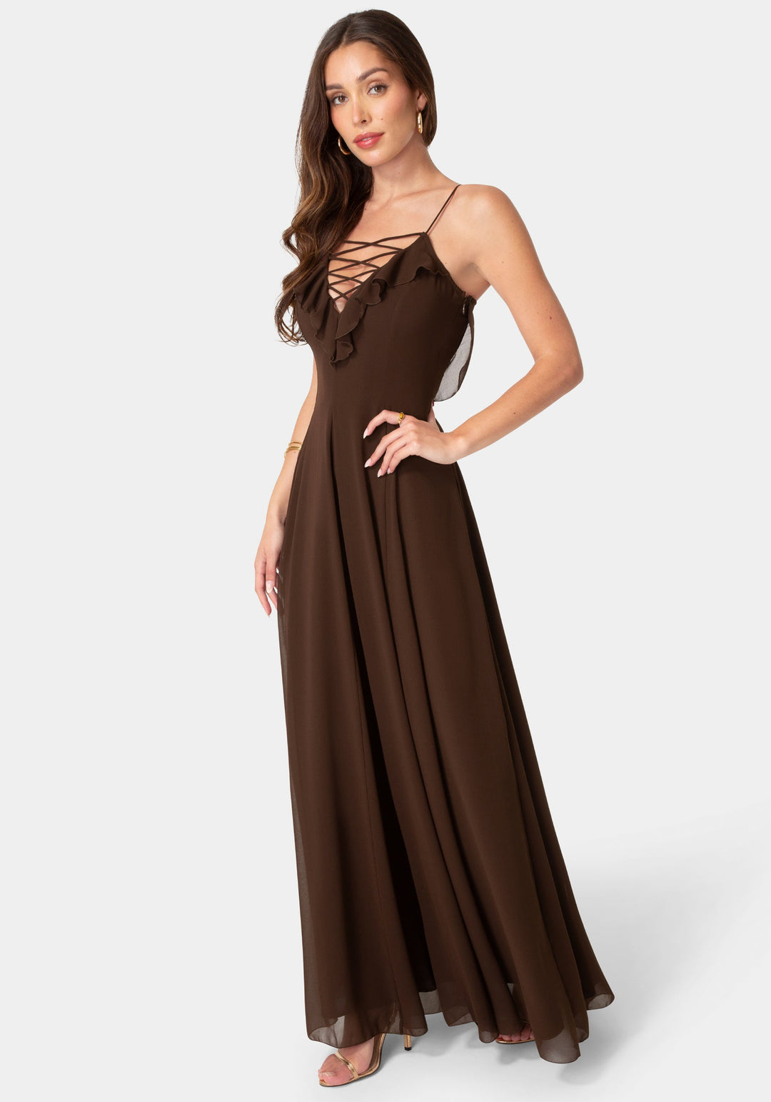 Lace Up Ruffle Chiffon Maxi Dress bebe Lace Up Ruffle Chiffon Maxi Dress bebe