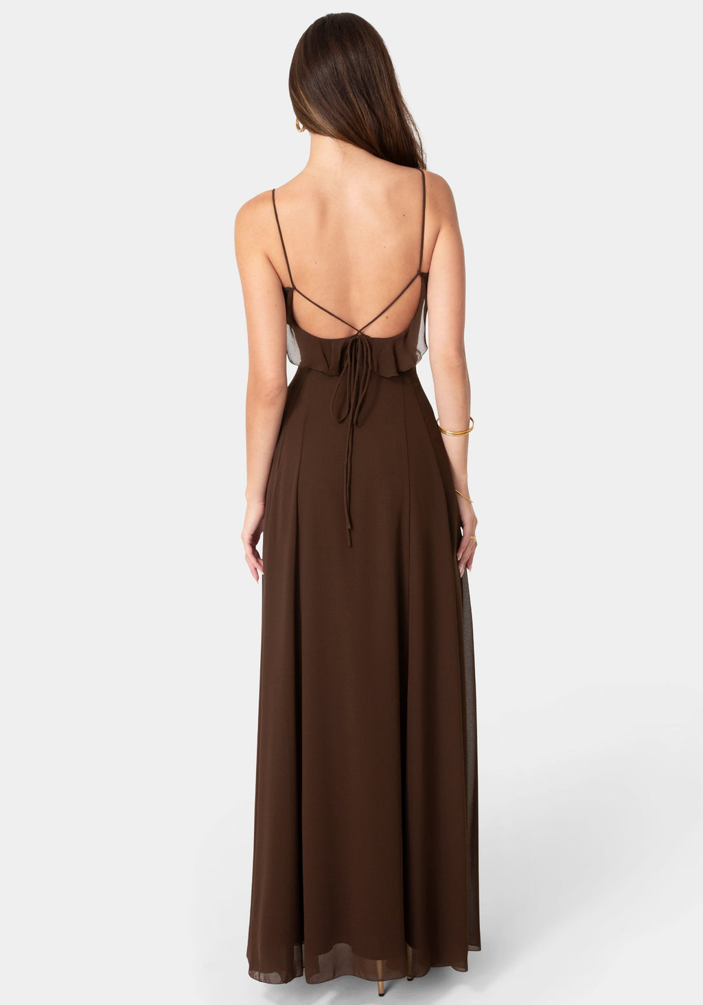 Back View-Lace Up Ruffle Chiffon Maxi Dress-Chocolate