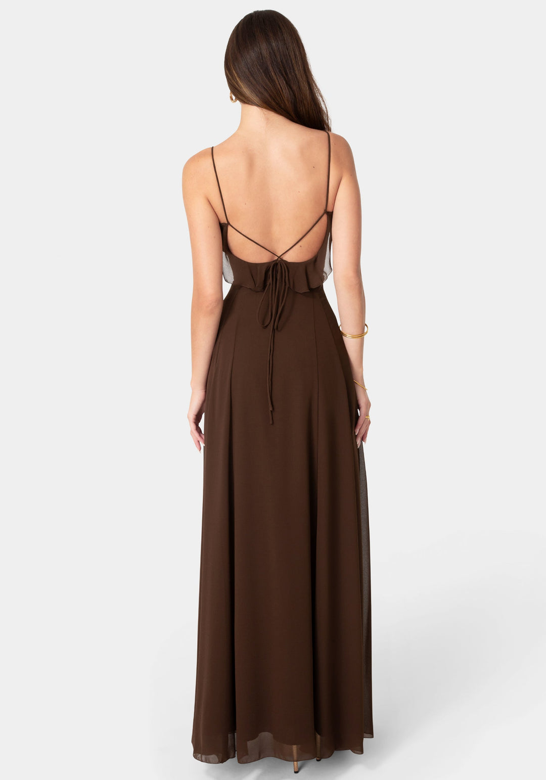 Back View-Lace Up Ruffle Chiffon Maxi Dress-Chocolate