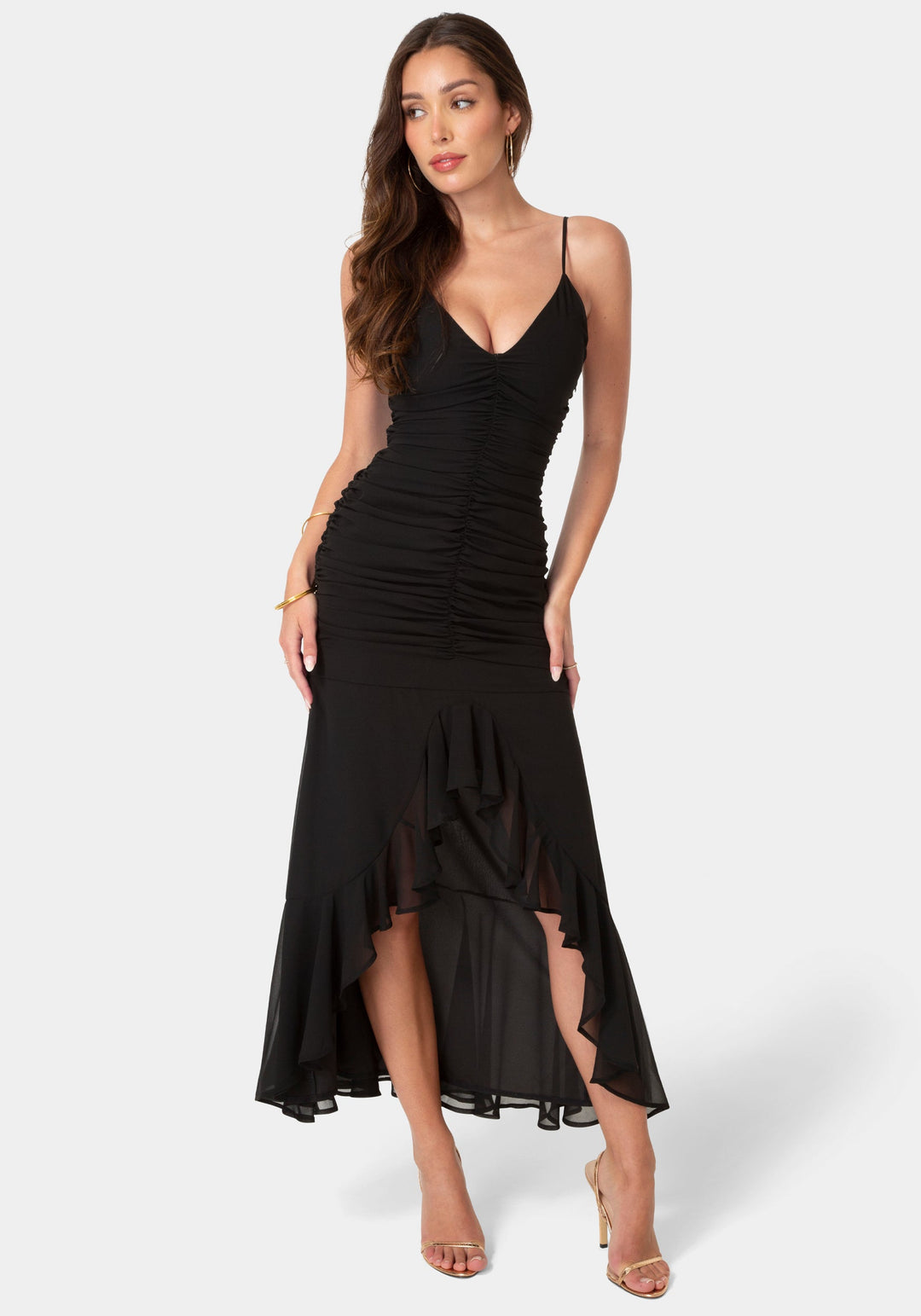 Front View-Ruched Chiffon Cascade Gown-Black
