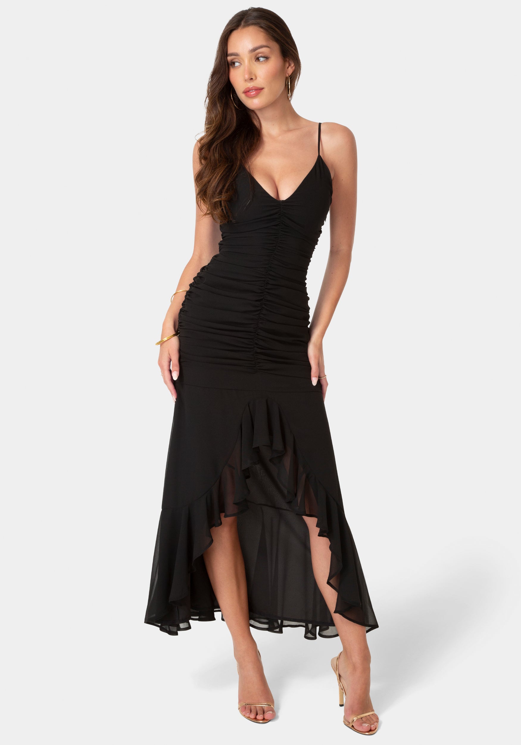 Front View-Ruched Chiffon Cascade Gown-Black