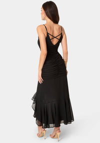 Back View-Ruched Chiffon Cascade Gown-Black