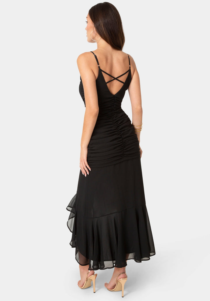 Back View-Ruched Chiffon Cascade Gown-Black