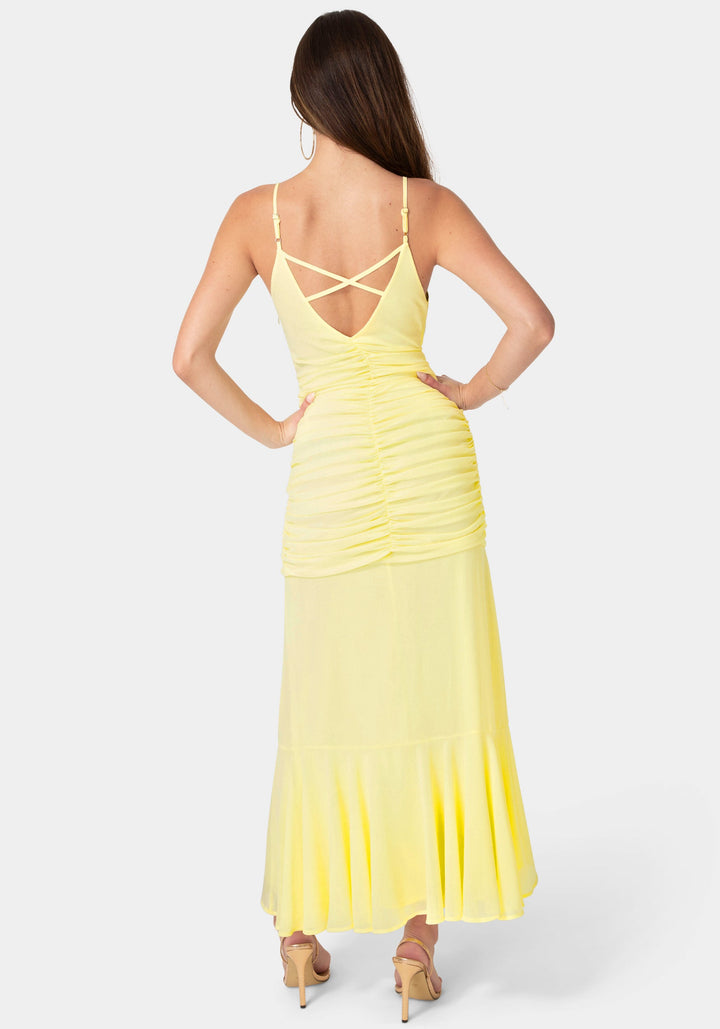 Back View-Ruched Chiffon Cascade Gown-Butter