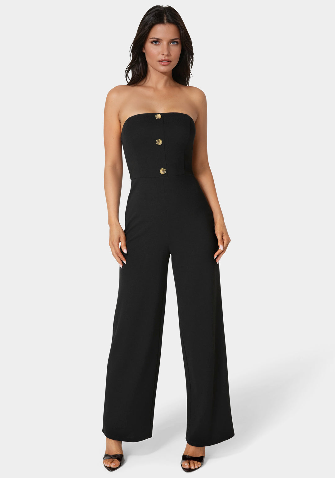 Front View-Strapless Wide Leg Jumpsuit-Black