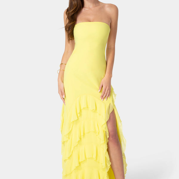 Front View-Strapless Cascade Ruffle Chiffon Maxi Dress-Butter