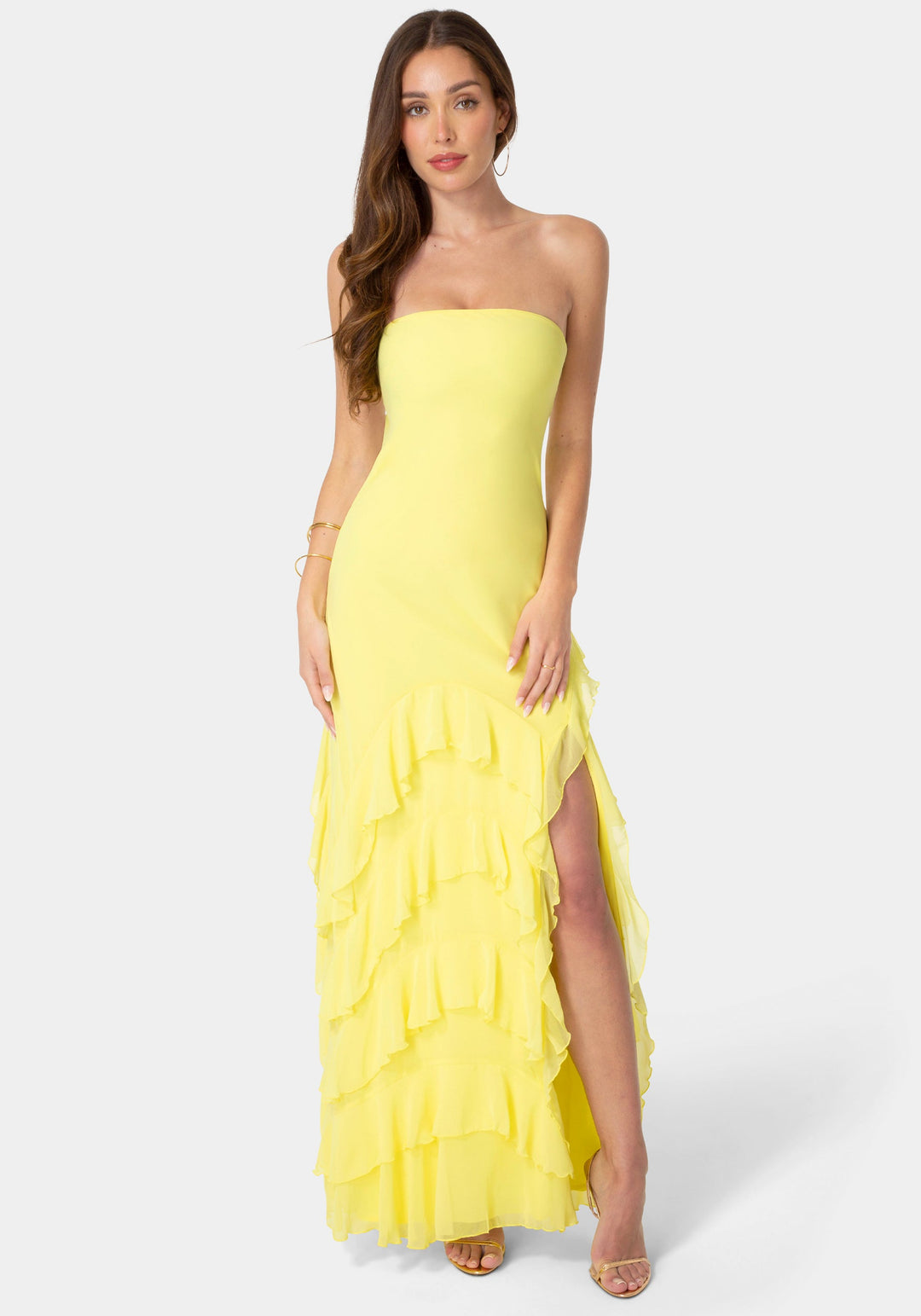 Front View-Strapless Cascade Ruffle Chiffon Maxi Dress-Butter