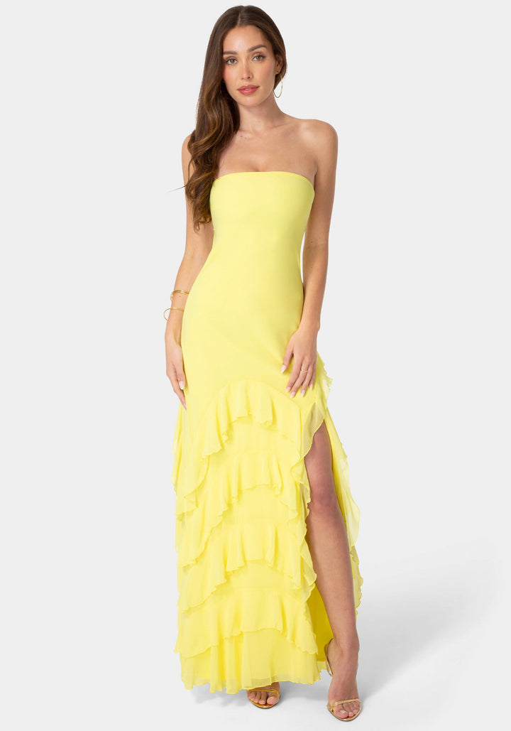 Front View-Strapless Cascade Ruffle Chiffon Maxi Dress-Butter