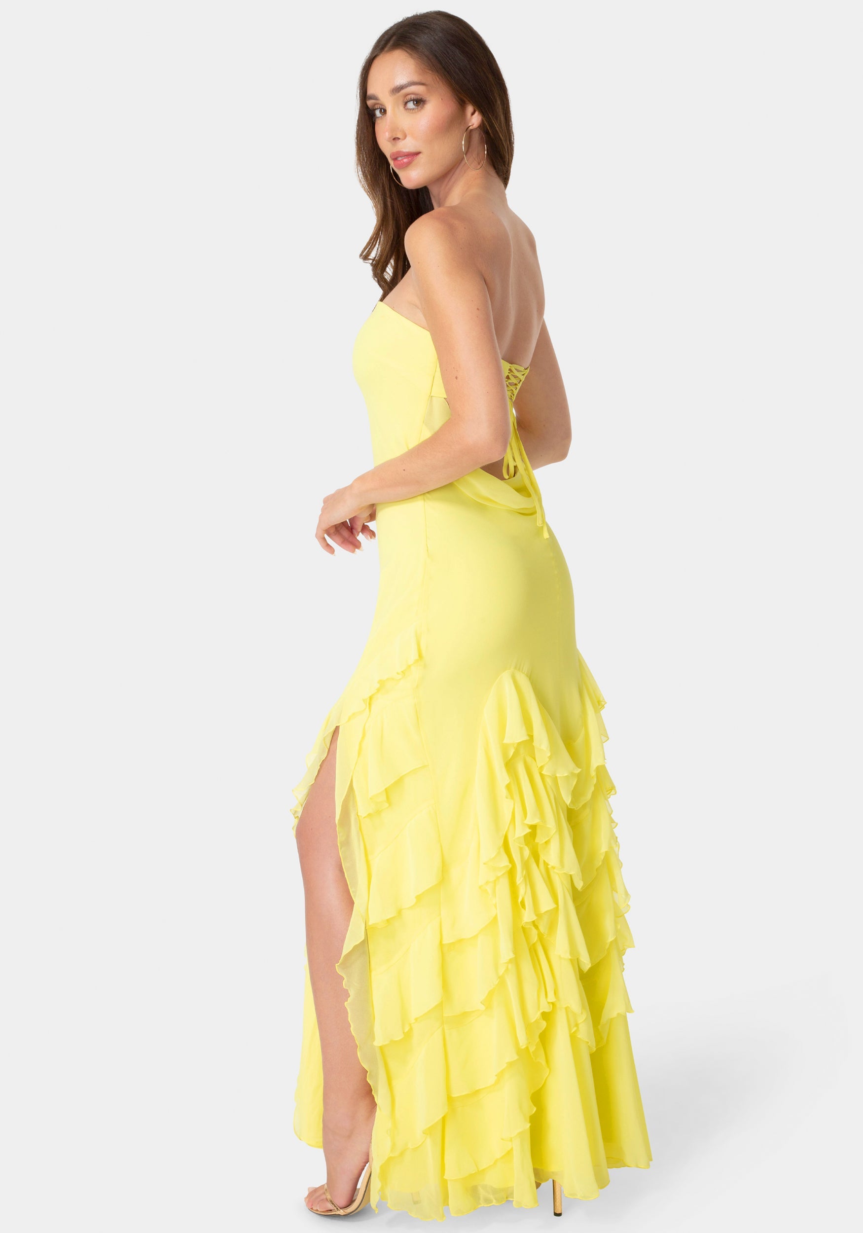 Bebe Women's Strapless Cascade Ruffle Chiffon Maxi Dress