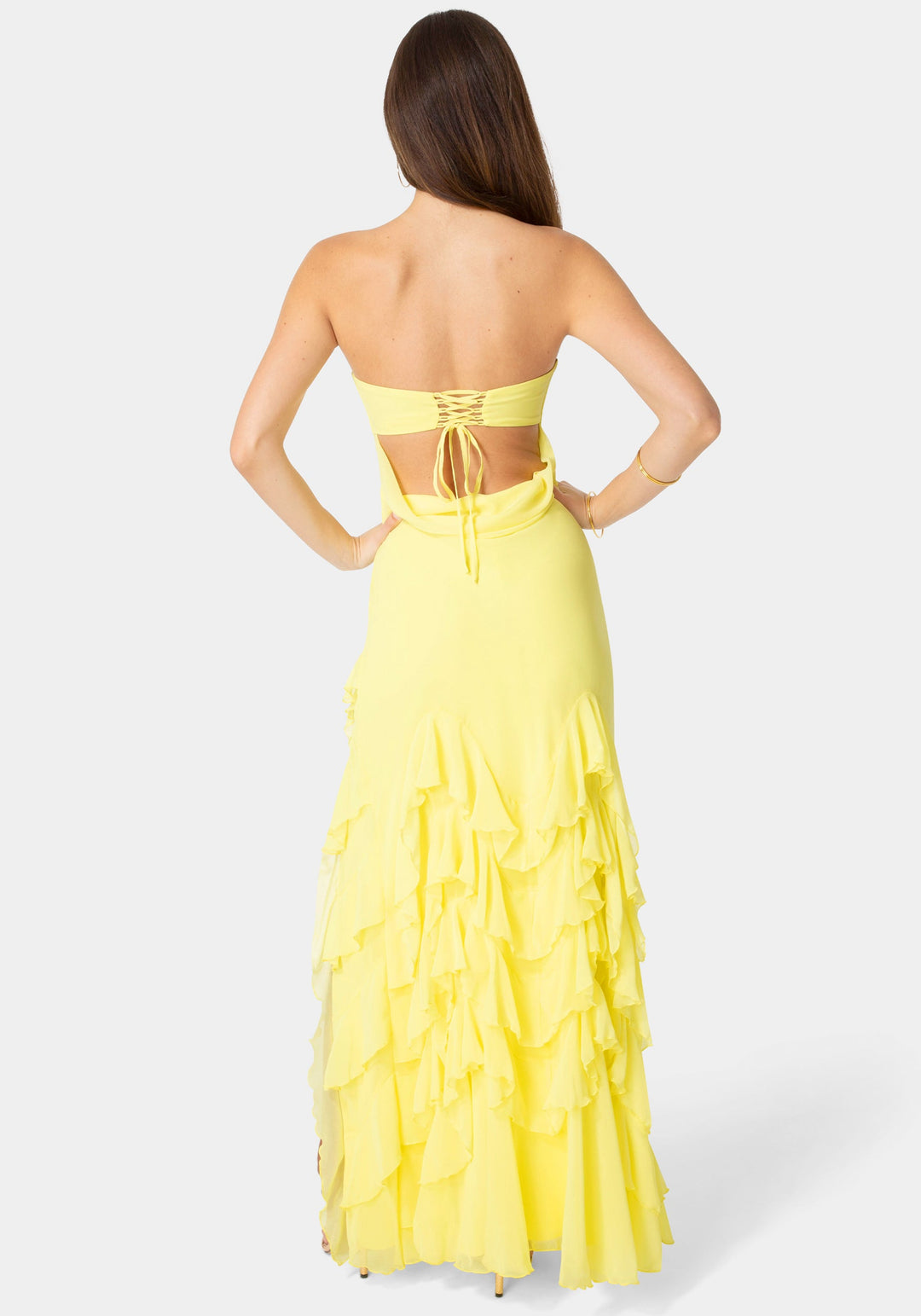 Back View-Strapless Cascade Ruffle Chiffon Maxi Dress-Butter