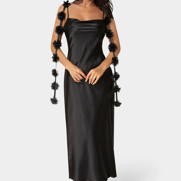 Front View-Cascading Floral Satin Maxi Dress-Black