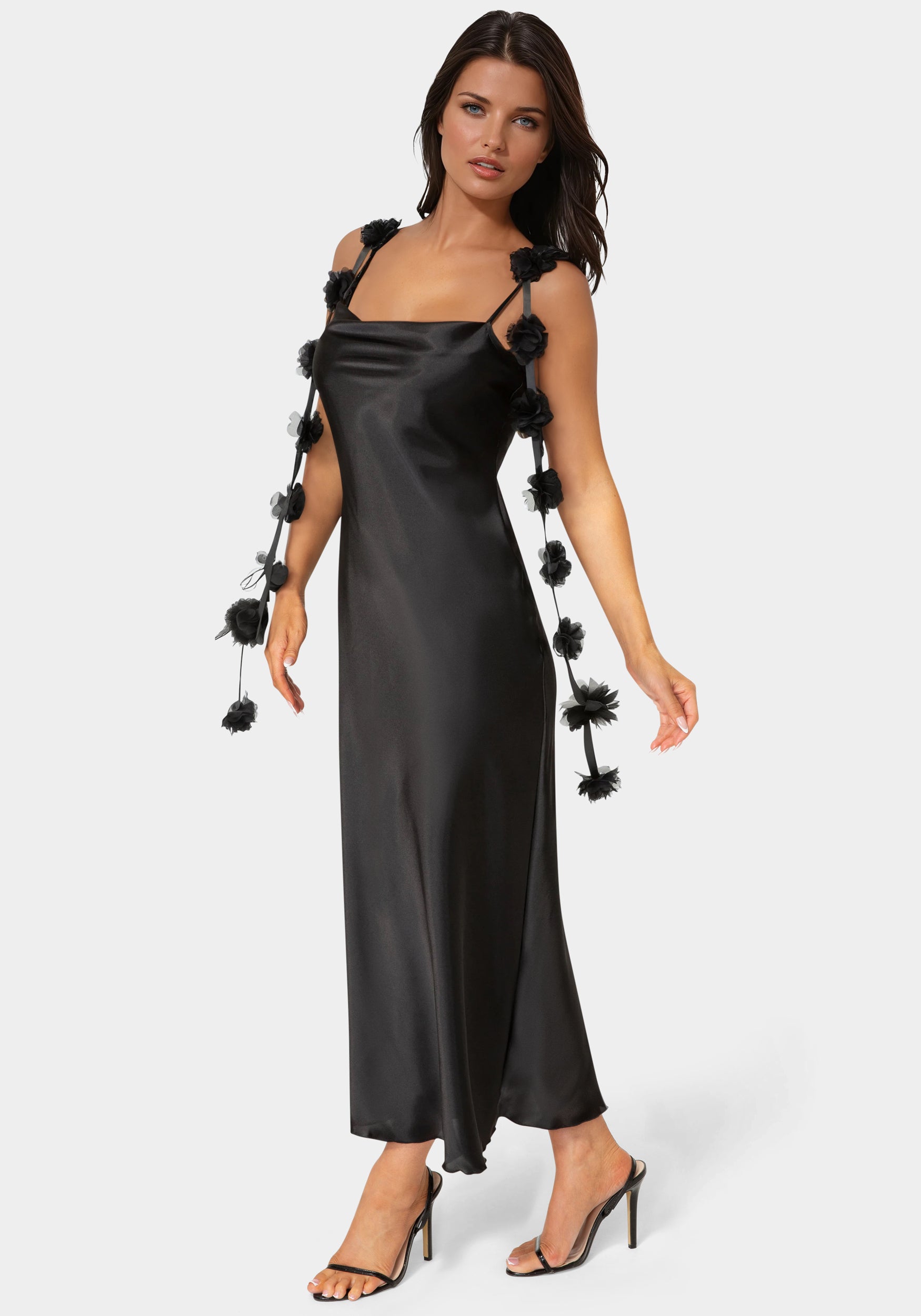 Side View-Cascading Floral Satin Maxi Dress-Black