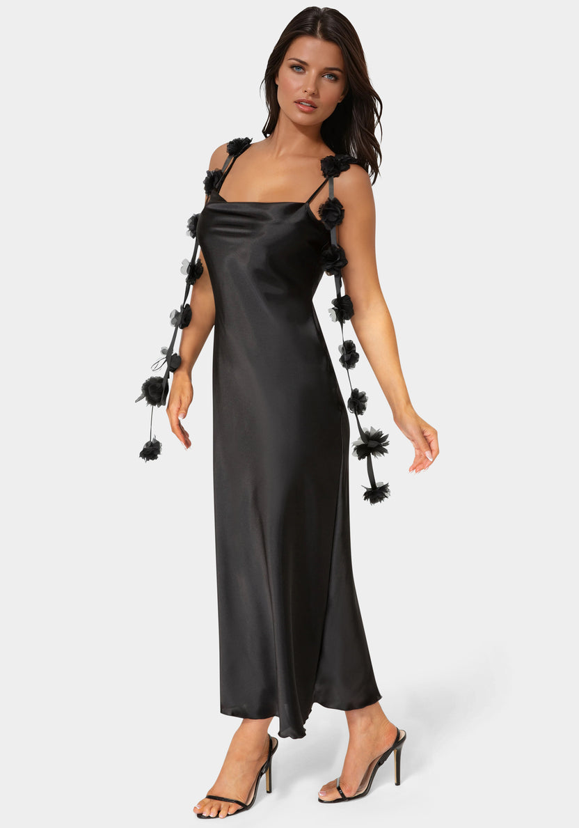 Side View-Cascading Floral Satin Maxi Dress-Black