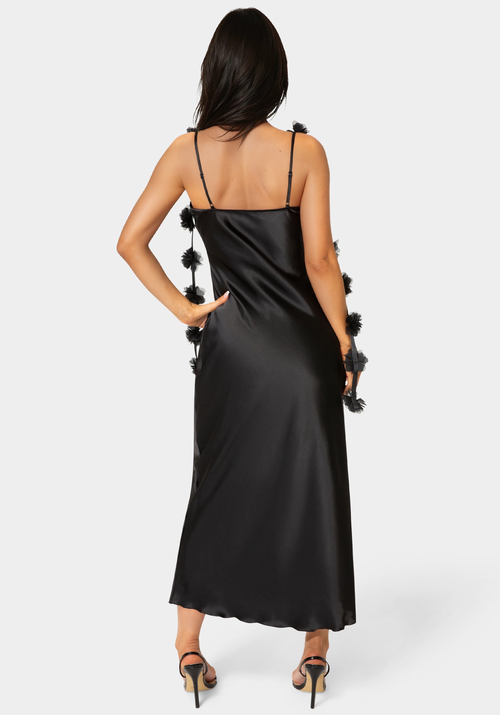Back View-Cascading Floral Satin Maxi Dress-Black
