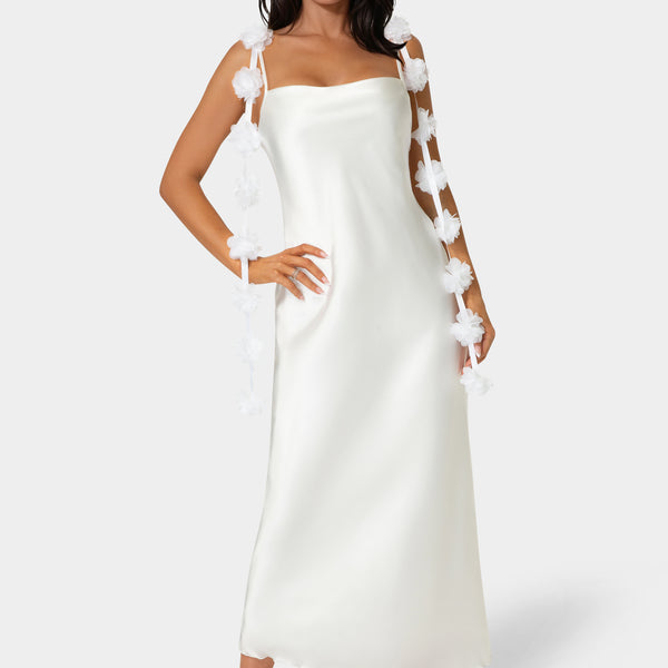 Front View-Cascading Floral Satin Maxi Dress-Ivory