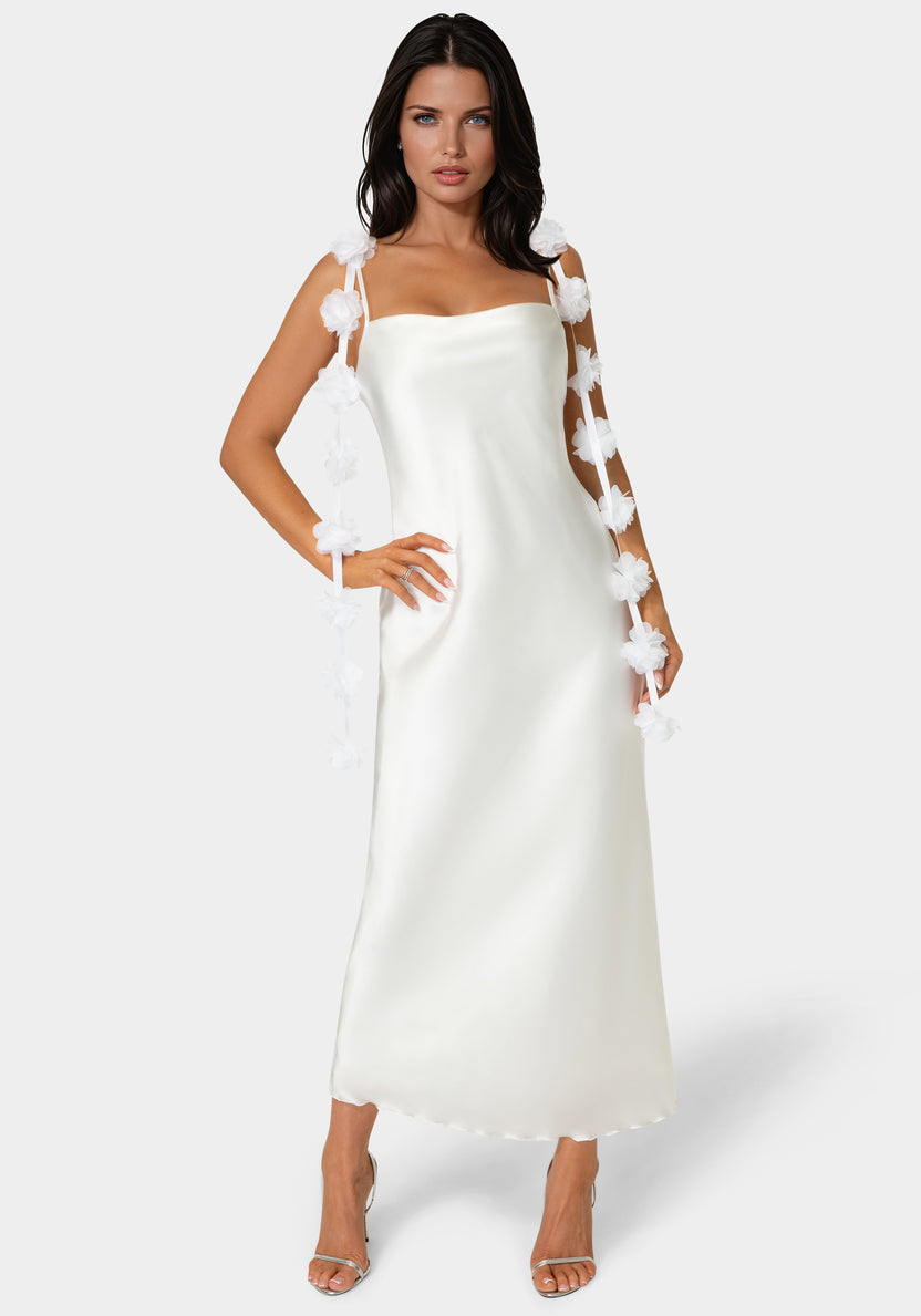 Front View-Cascading Floral Satin Maxi Dress-Ivory