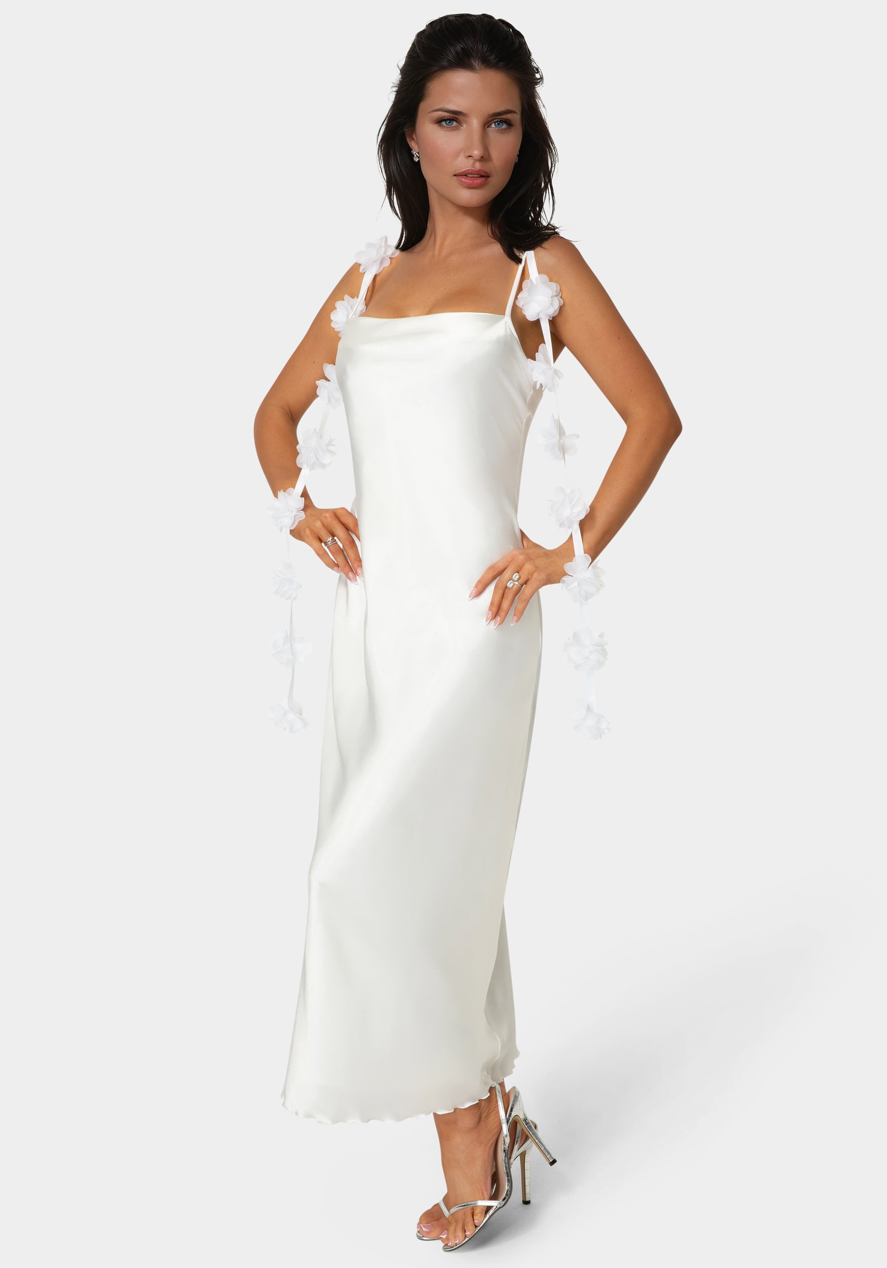 Side View-Cascading Floral Satin Maxi Dress-Ivory