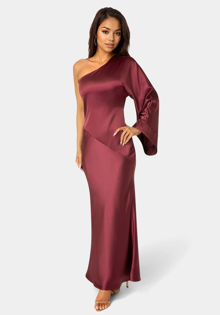Front View-One Shoulder Bell Sleeve Satin Maxi Dress-WINE