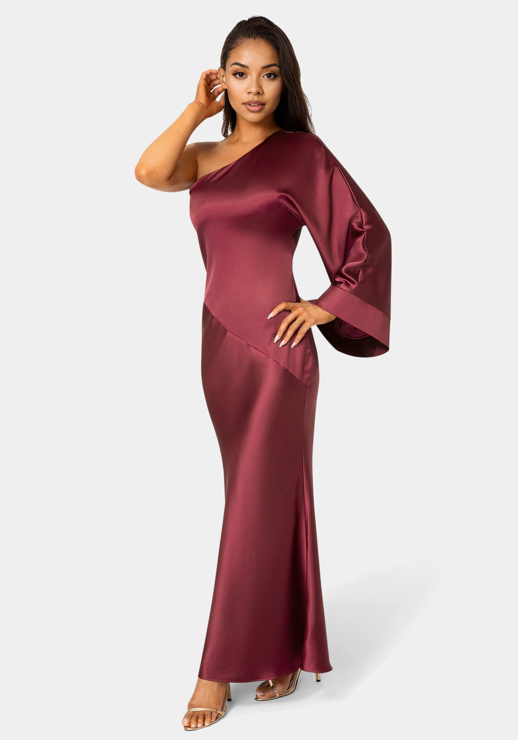 Bebe Women's One Shoulder Bell Sleeve Satin Maxi Dress