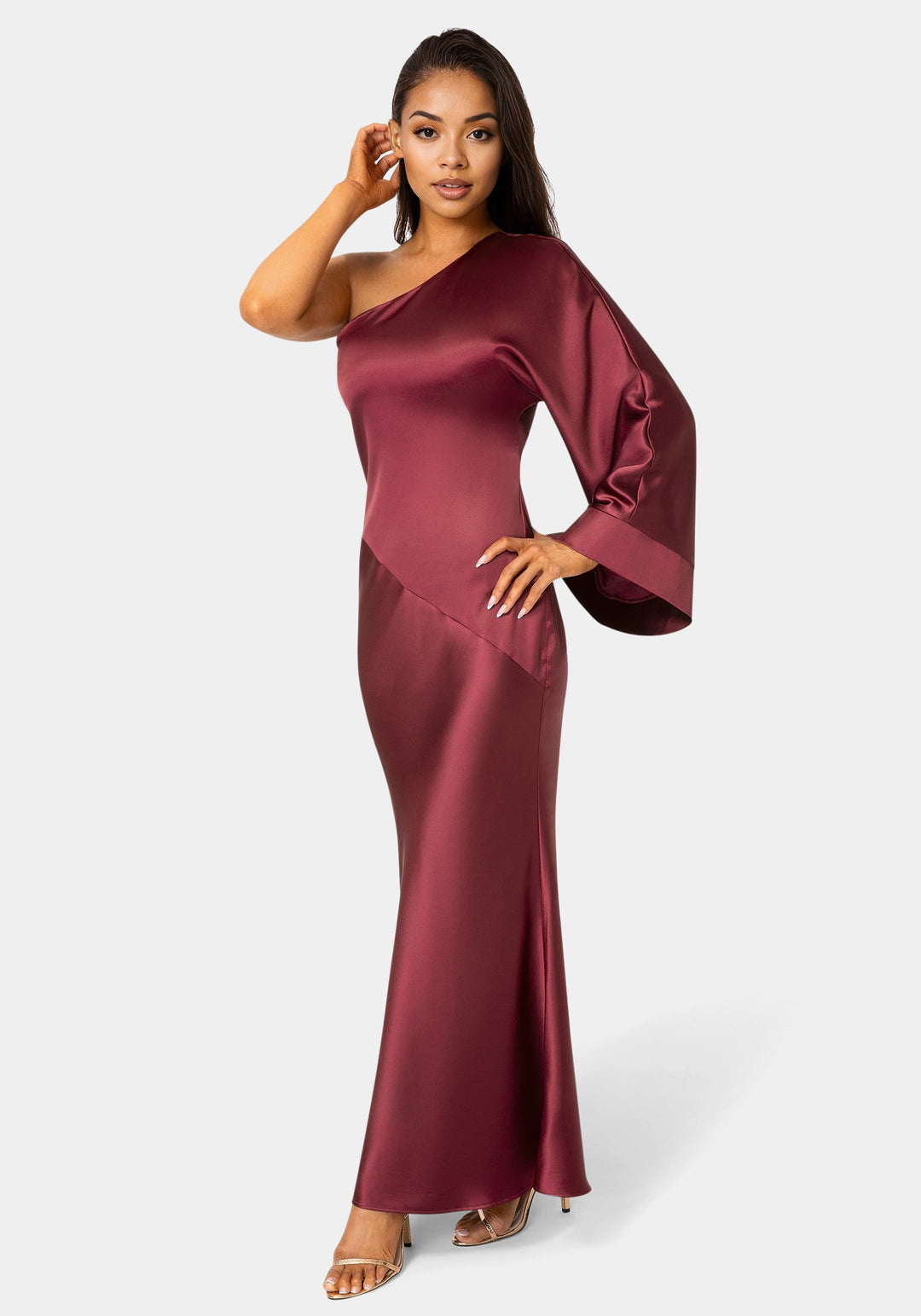 Bebe Women's One Shoulder Bell Sleeve Satin Maxi Dress - Wine Bebe Women's One Shoulder Bell Sleeve Satin Maxi Dress - Wine