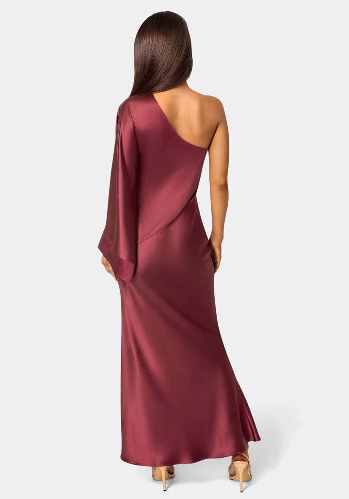 Back View-One Shoulder Bell Sleeve Satin Maxi Dress-WINE