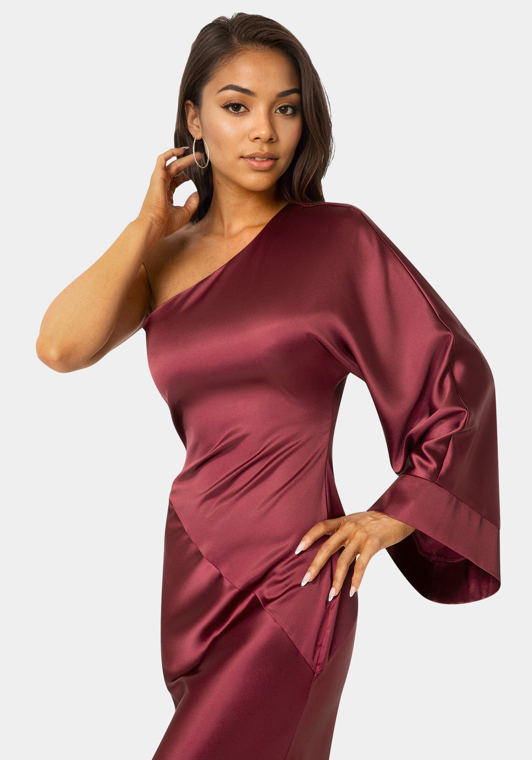 Other View-One Shoulder Bell Sleeve Satin Maxi Dress-WINE