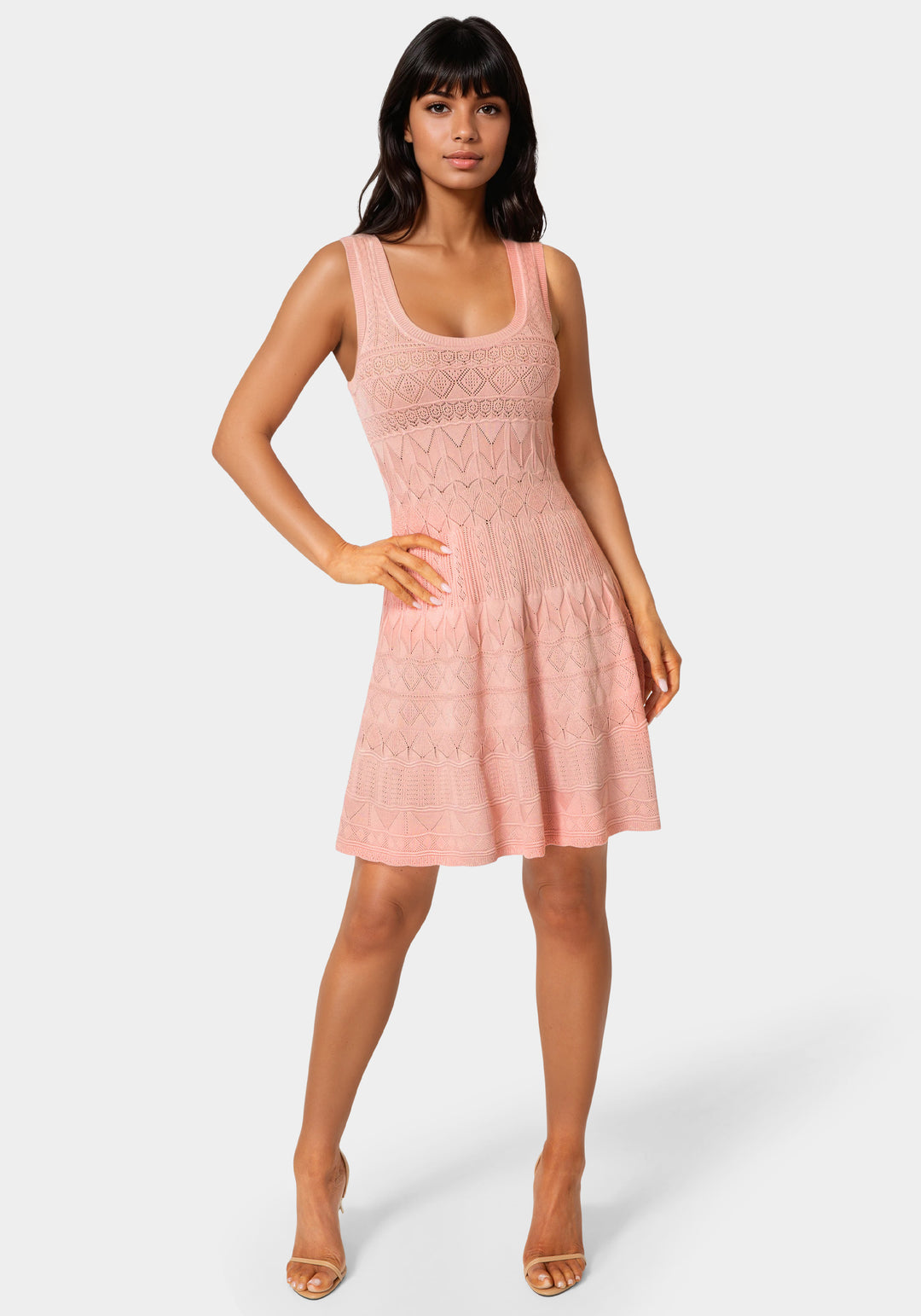 Front View-Sleeveless Fit and Flare Pointelle Mini Dress-Rose