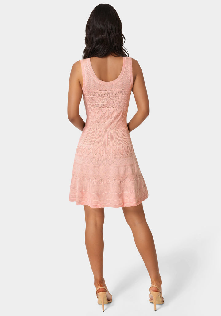 Back View-Sleeveless Fit and Flare Pointelle Mini Dress-Rose