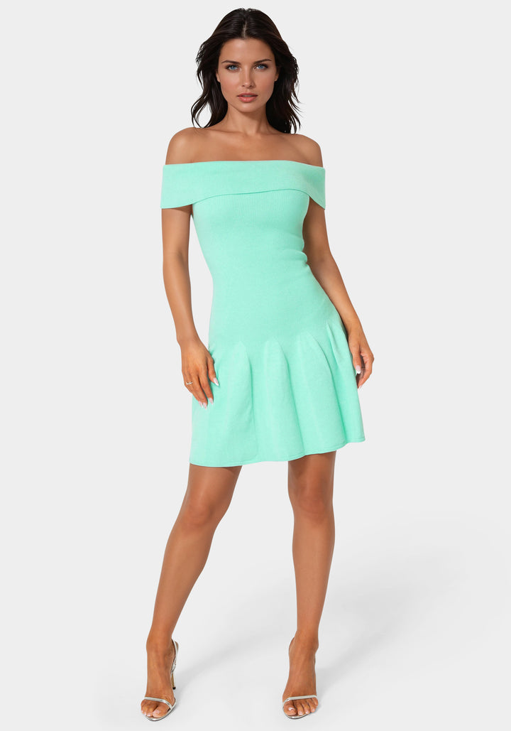 Front View-Off the Shoulder Fit and Flare Mini Dress-TURQUOIS
