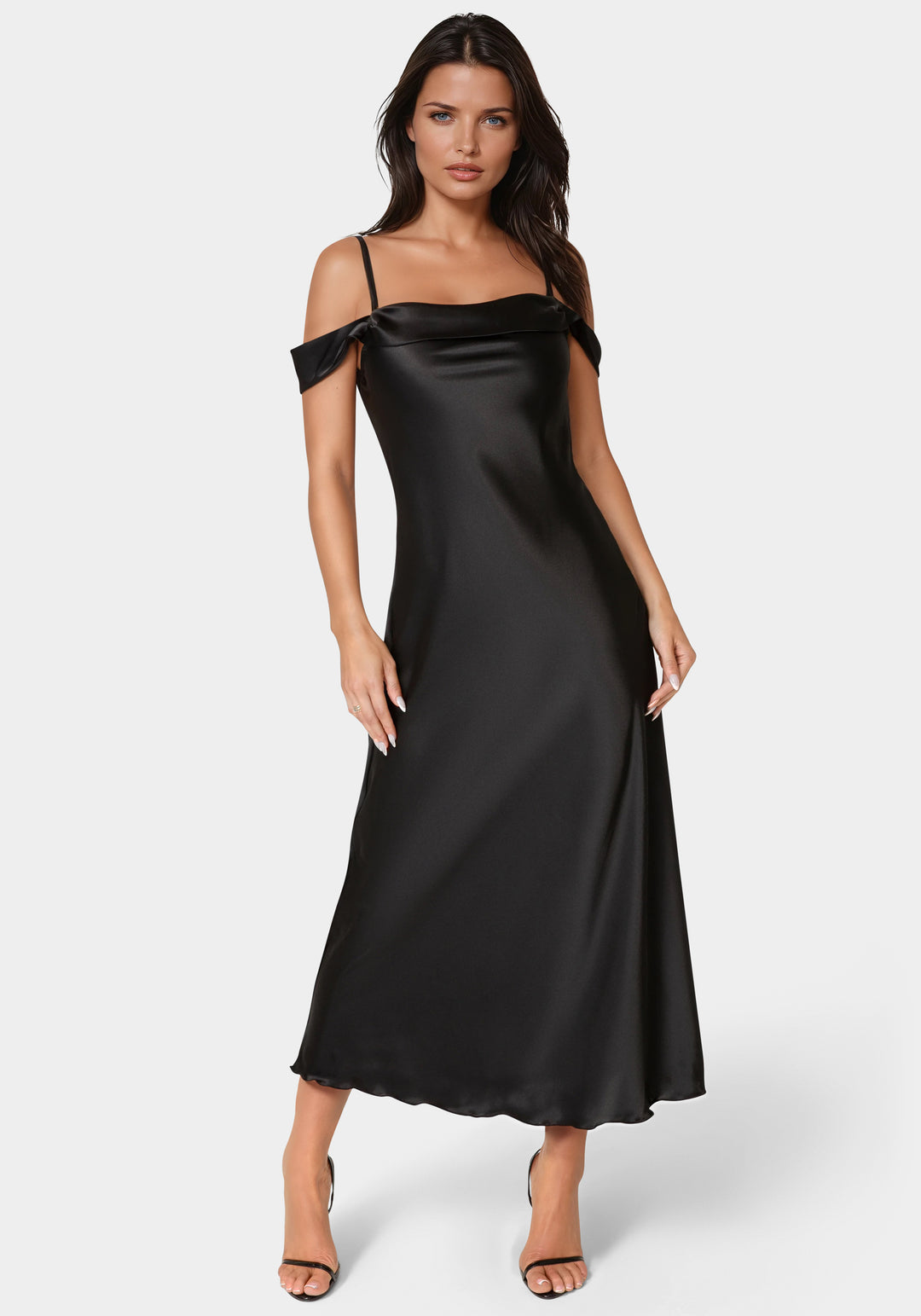 Drape Shoulder High Slit Satin Maxi Dress bebe Drape Shoulder High Slit Satin Maxi Dress bebe