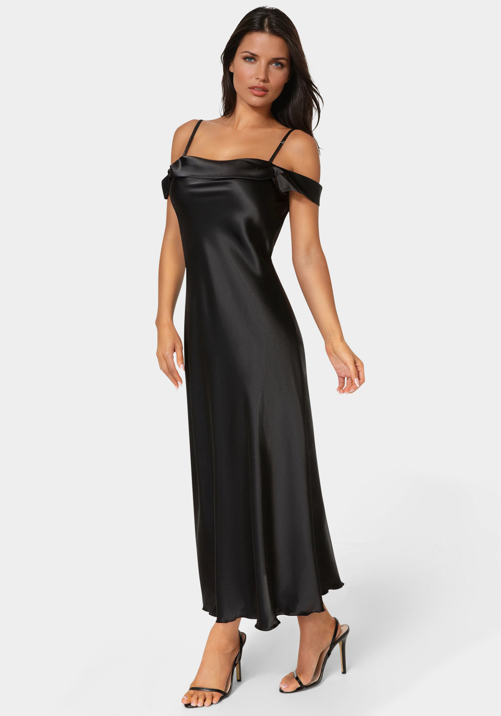 Side View-Drape Shoulder High Slit Satin Maxi Dress-Black