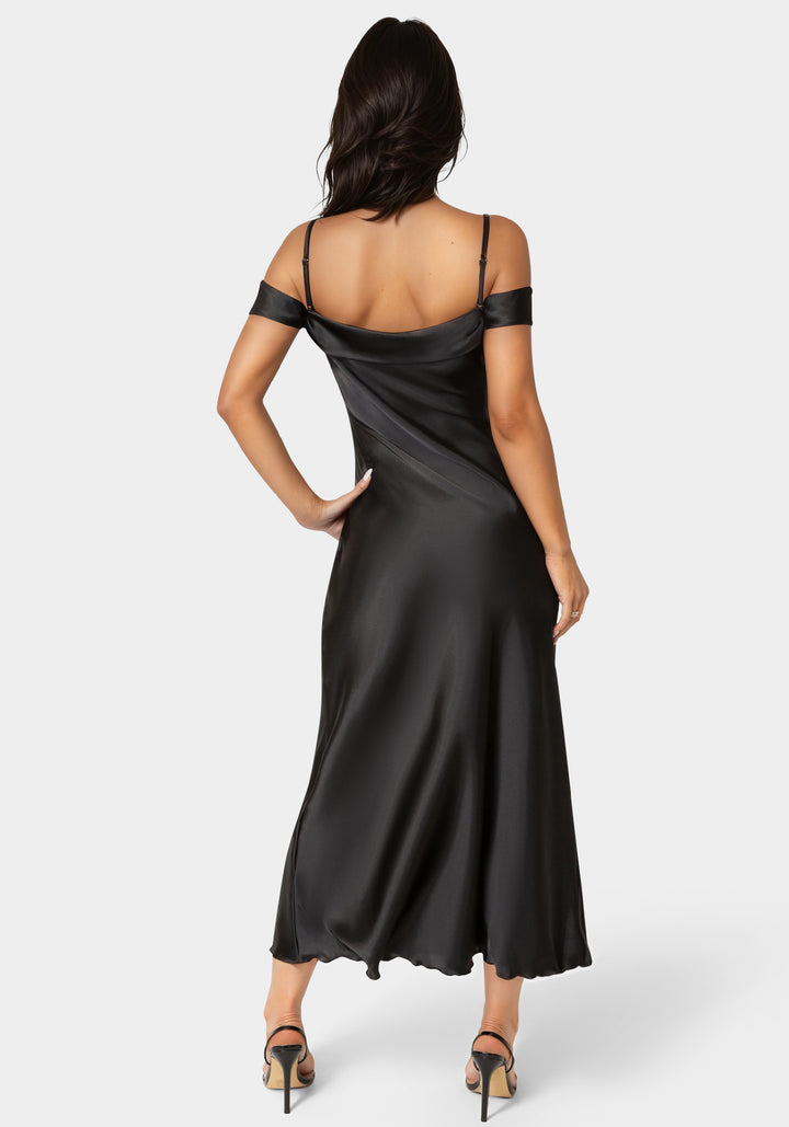 Back View-Drape Shoulder High Slit Satin Maxi Dress-Black