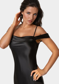 Other View-Drape Shoulder High Slit Satin Maxi Dress-Black