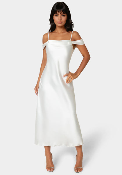 Bebe Women's Drape Shoulder High Slit Satin Maxi Dress - Ivory