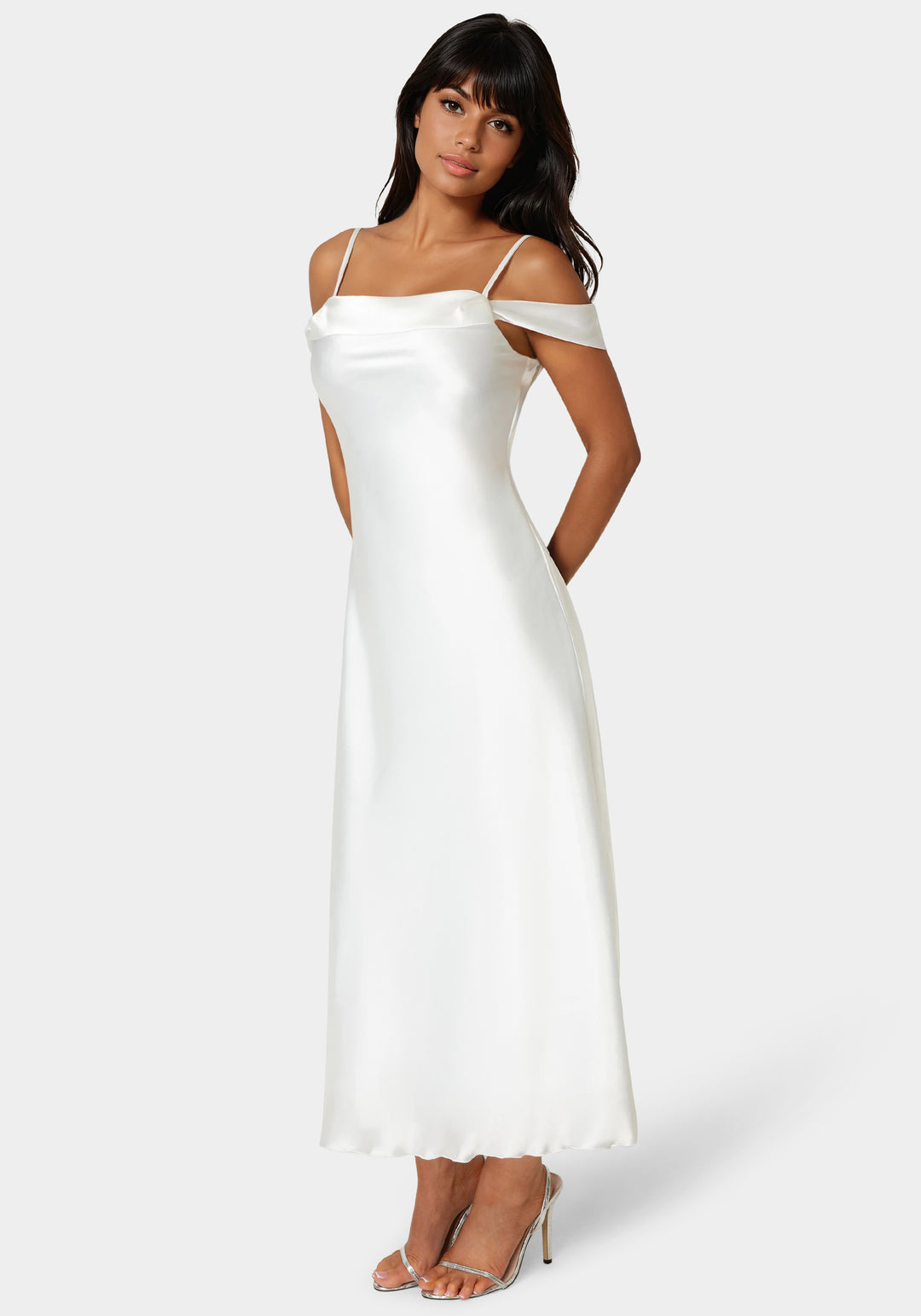 Bebe Women's Drape Shoulder High Slit Satin Maxi Dress - Ivory Bebe Women's Drape Shoulder High Slit Satin Maxi Dress - Ivory