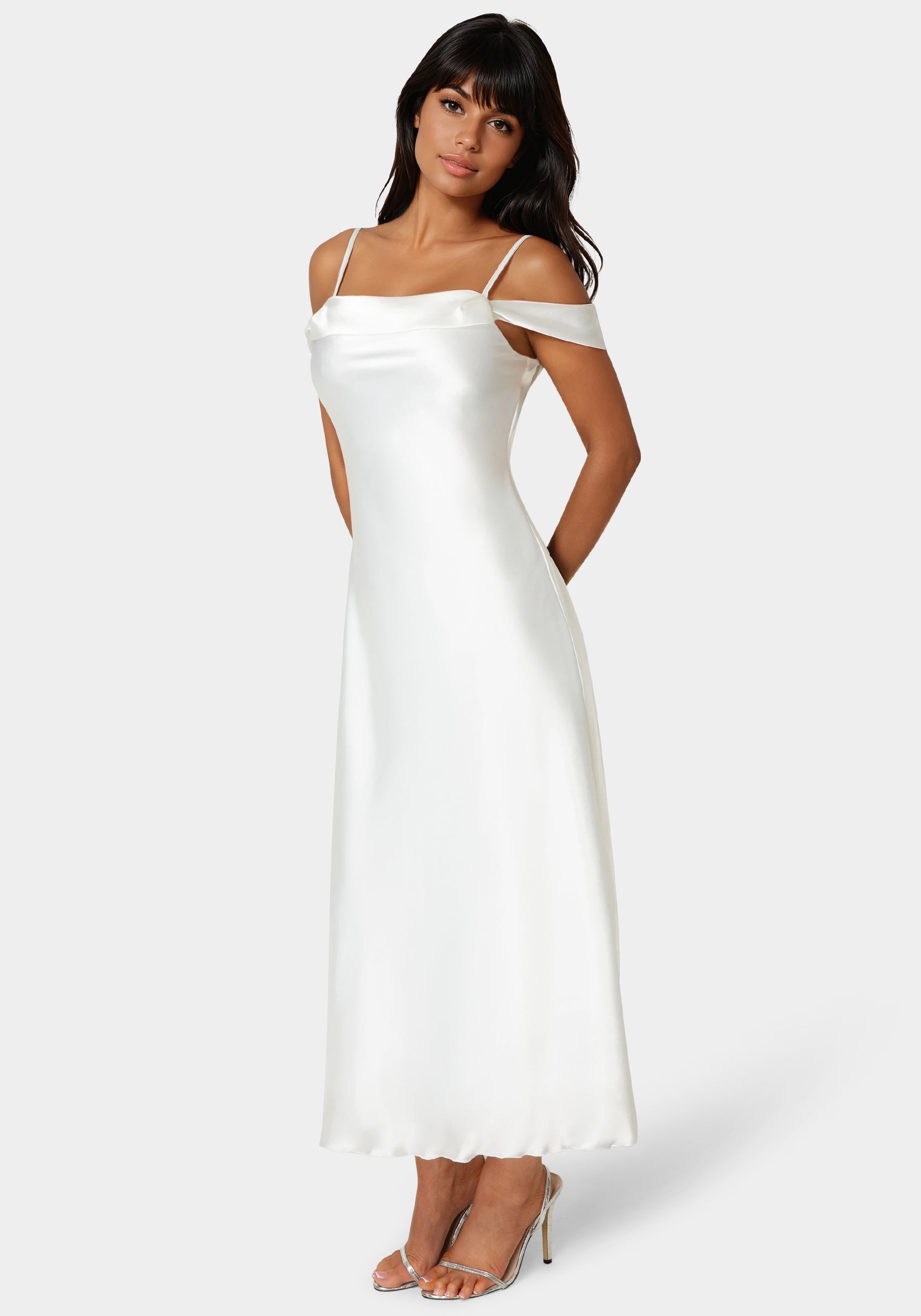 satin draped shoulder maxi dress Drape Shoulder High Slit Satin Maxi Dress bebe