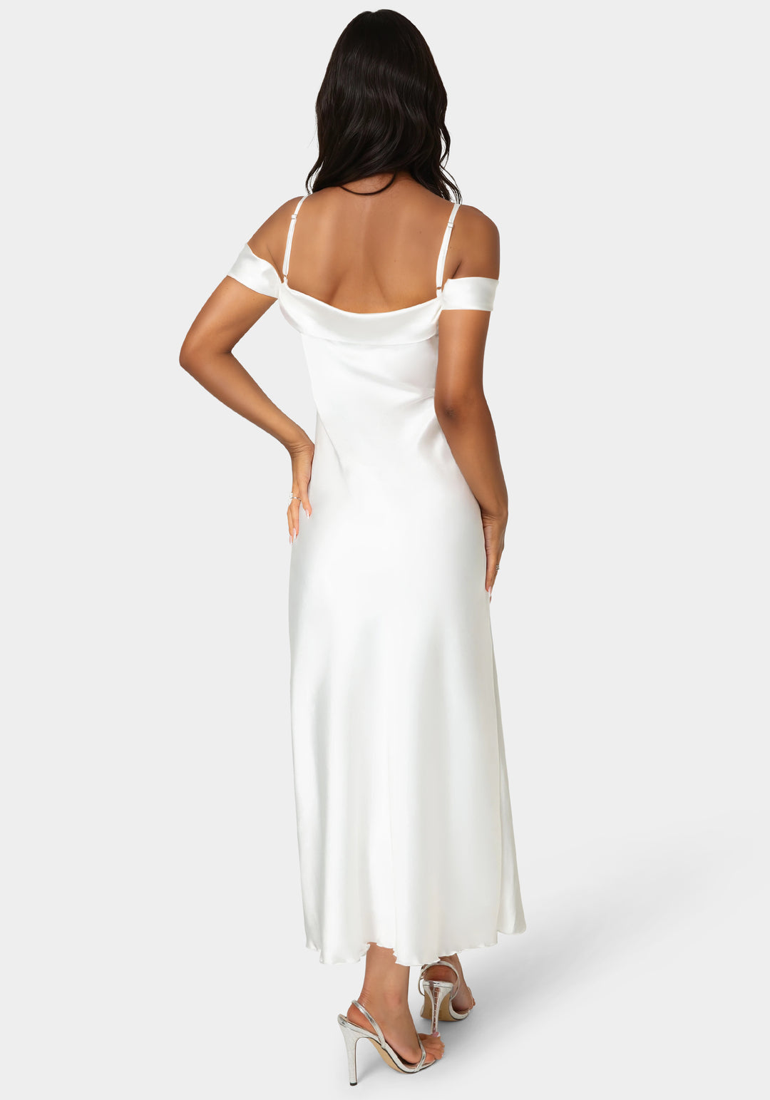 Drape Shoulder High Slit Satin Maxi Dress bebe Drape Shoulder High Slit Satin Maxi Dress bebe