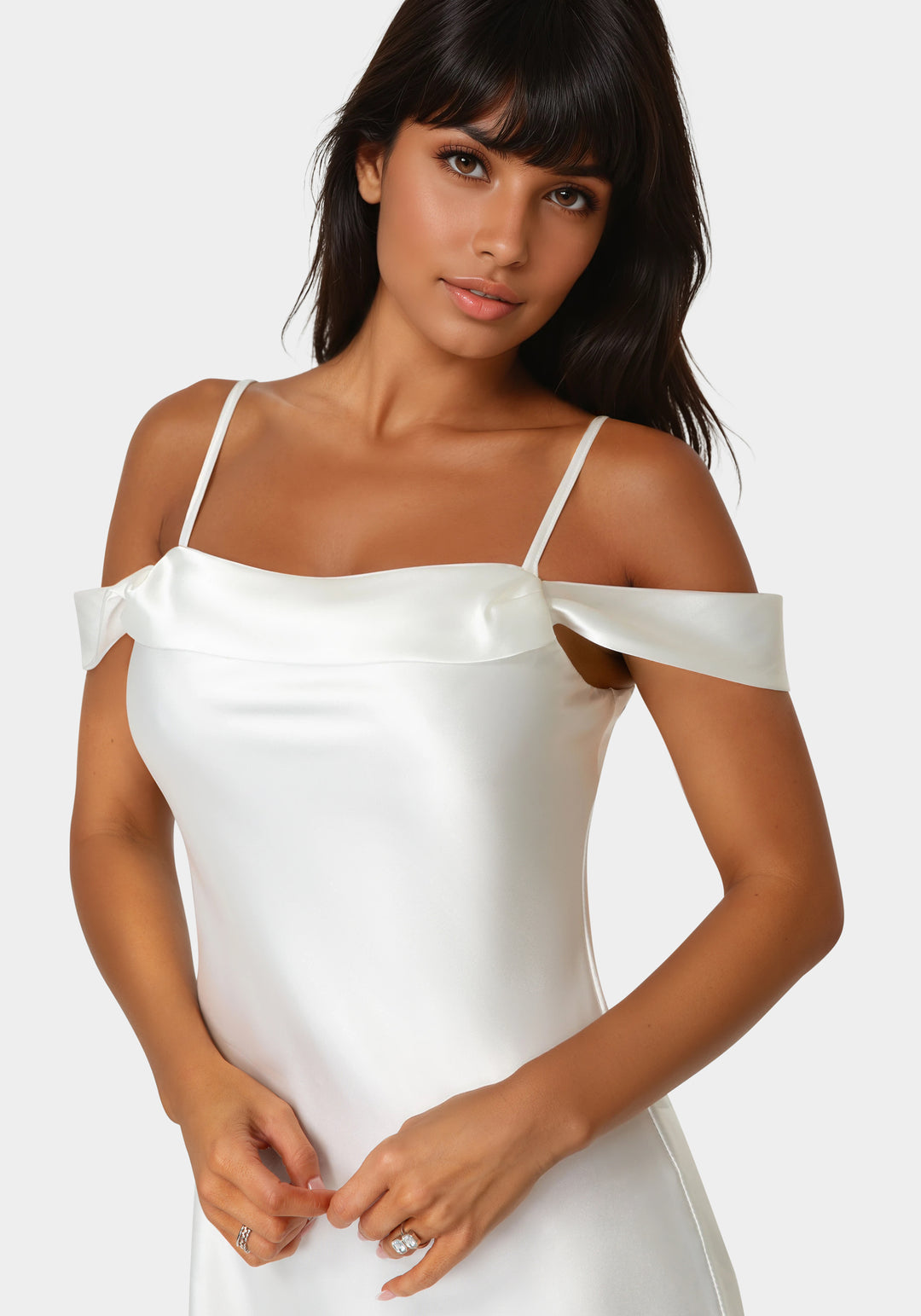 Bebe Women's Drape Shoulder High Slit Satin Maxi Dress - Ivory Bebe Women's Drape Shoulder High Slit Satin Maxi Dress - Ivory