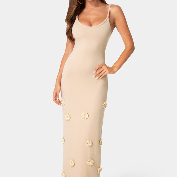 Front View-Floral Applique Crochet Maxi Dress-Shell