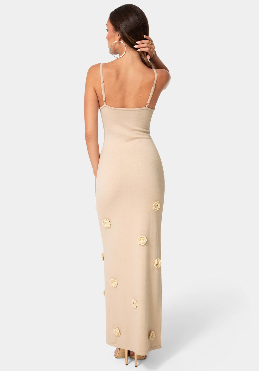 Back View-Floral Applique Crochet Maxi Dress-Shell