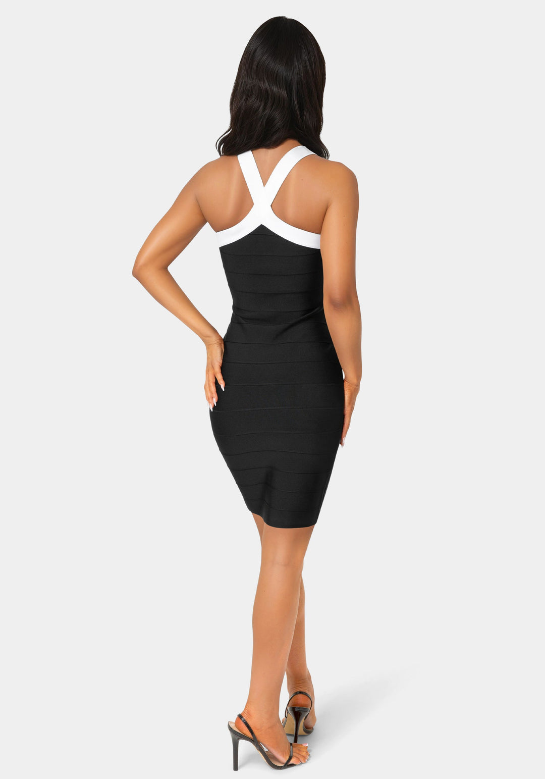 Back View-Halter Bandage Dress-BLACK/WHITE